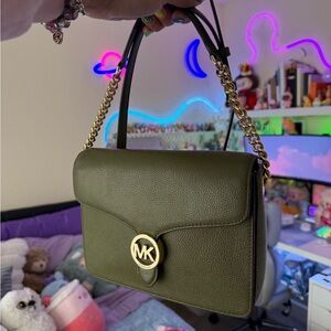 Michael Kors Dark Green Shoulder Bag with Gold Accents